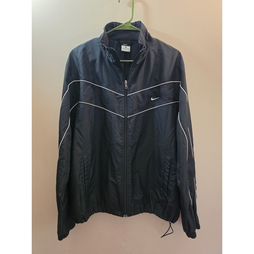 Nike Mens XL Black Windbreaker Full Zip Track Jacket White Piping Swoosh Logo